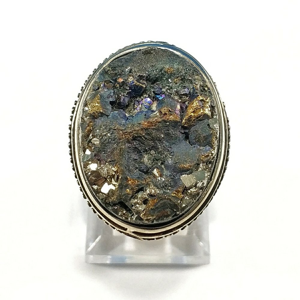 Natural Cincin Batu Akik Rainbow Pyrite Motif Art