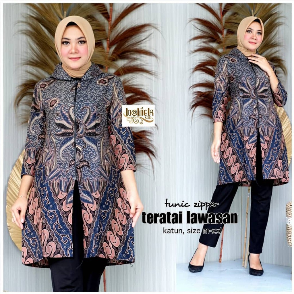 CP TUNIC ZIPPER TERATAI LAWASAN TUNIK BATIK CEWEK TUNIC JUMBO WANITA SERAGAM LD 120 KERJA BUSUI