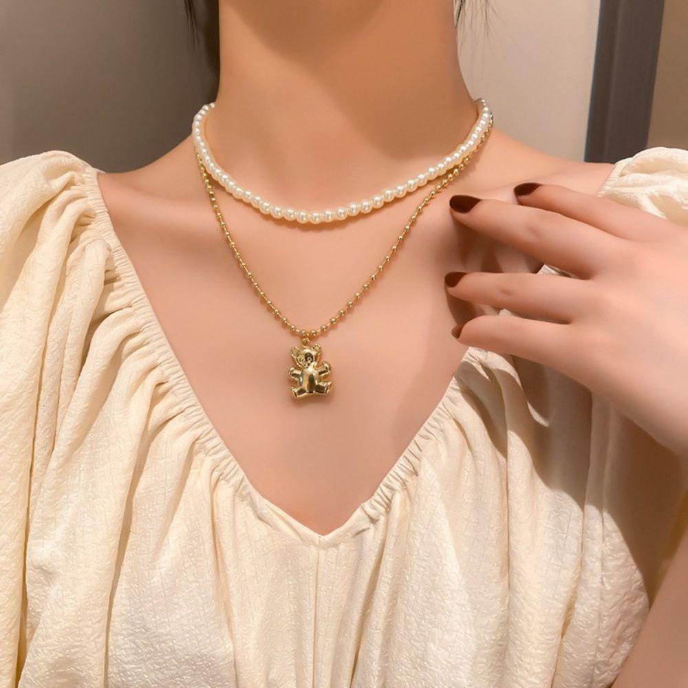 Mxbeauty Kalung Beruang Mutiara Berlapis Ganda Temperamen Vintage Perhiasan Perempuan Desain Rasa Hadiah Untuk Her Korean Style Necklace