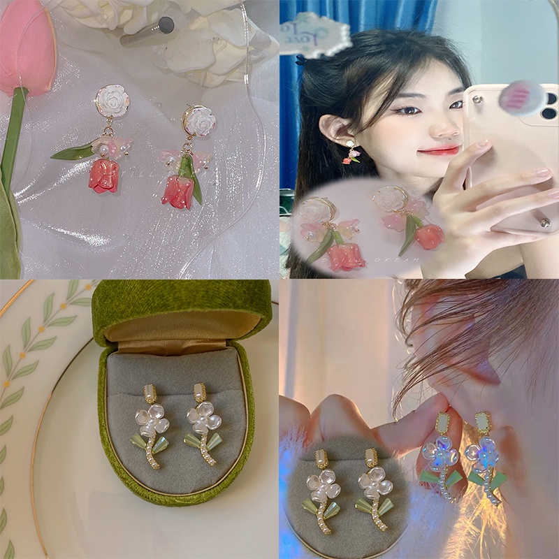 Anting Mutiara Bentuk Bunga Tulip Warna Pink Gaya Retro