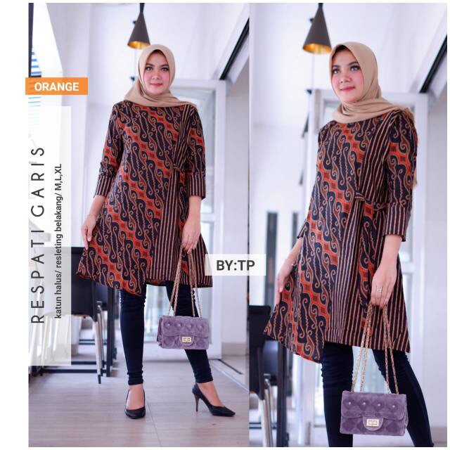 Tunik Respati Garis Layer Kombinasi Batik Sogan Modern Midi Casual Kerja Seragam Kantor Sogan Cantik