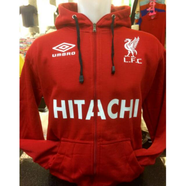 Jaket hoodie retro Liverpool Umbro sponsor Hitachi warna merah terbaru