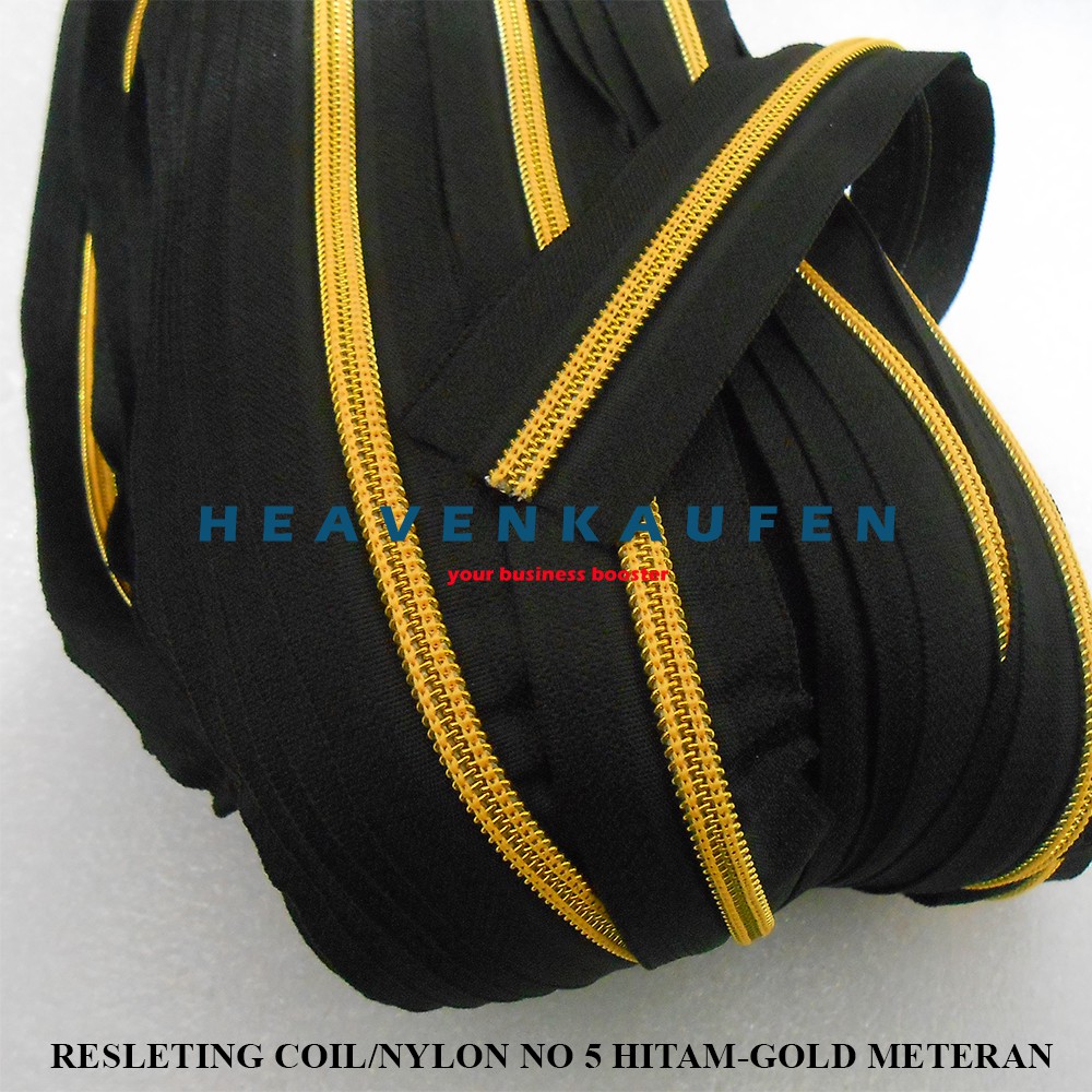 Resleting Zipper Coil / Nylon No 5 Warna Hitam - Gold Emas No 5 Harga Per Meter