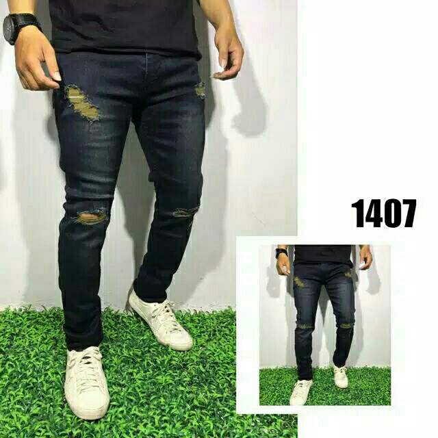 Promo Jeans - Celana Pria Sobek Lutut Panjang Bawahan Skinny Cowok Ngaret Stretch Ripped Levis Murah