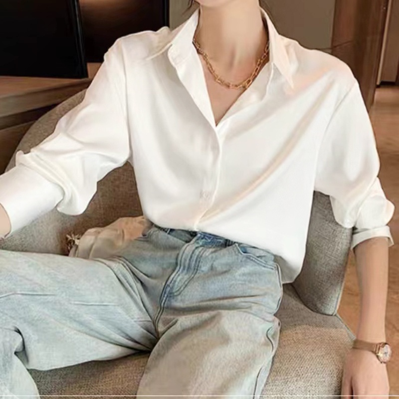 [S.T] Korean Women's Shirt Elegant Basic Top Long Sleeve Kemeja Wanita Lengan Panjang 2834