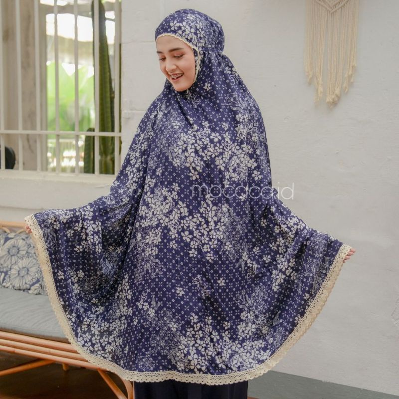 mukena dewasa traveling 2 in 1 navy biru dongker free pouch sleting depan jumbo renda cantik tali ikat bahan rayon premium