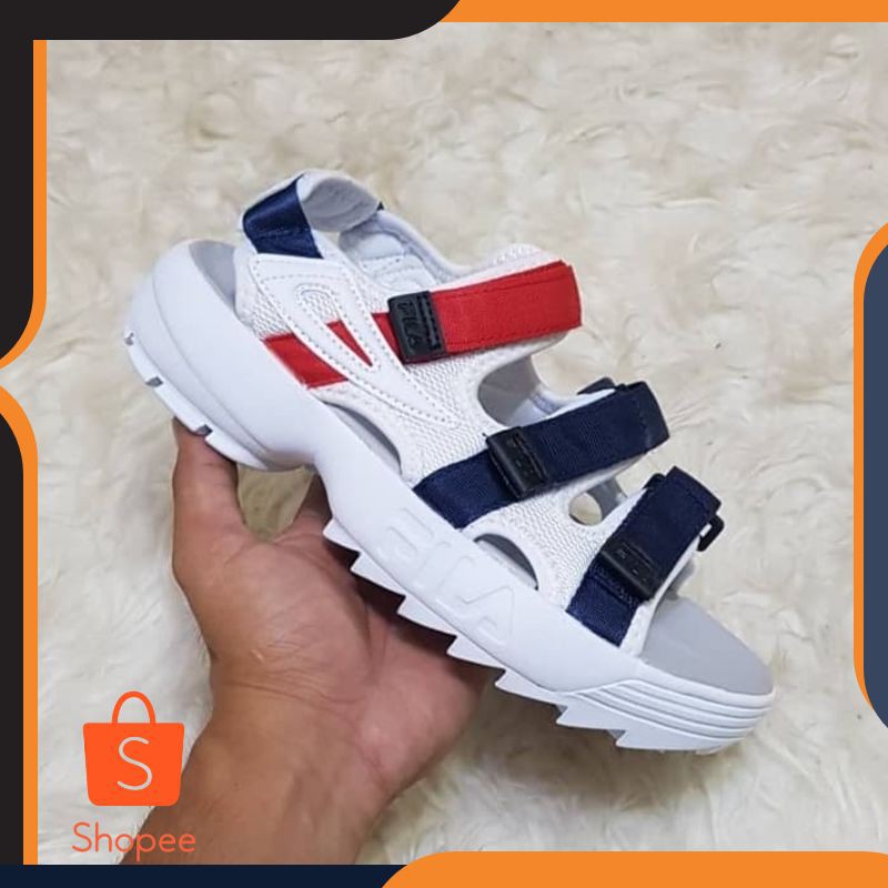 SEPATU BAGUS SANDAL FILA DISRUPTOR WHITE NAVY RED TRENDY 444