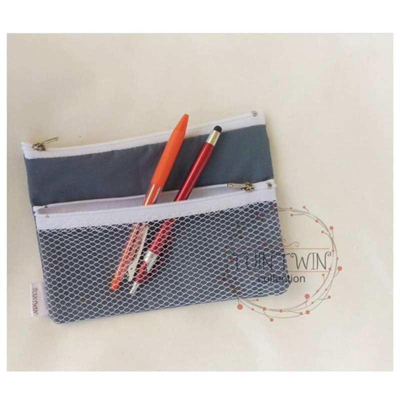 

zipper pouch saku pencilcase tempat pensil abu2 jaring tepak resleting lucu korea alat tulis sekolah kekinian