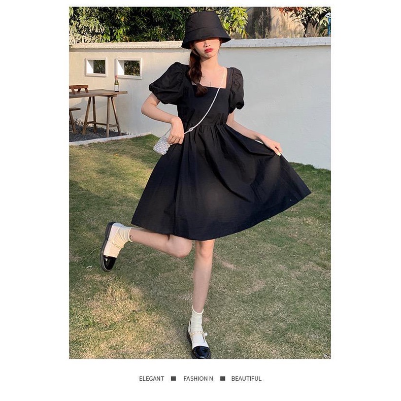 [littlecrab] Dress Square Neck Lengan Balon Simple Polos Orange Hitam Dress Bahan Berkualitas Lembut Elegan Dress Pendek Korean Style Simply Aesthetic