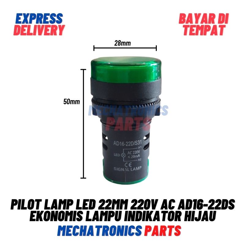 PILOT LAMP LED 22MM 220V AC AD16-22DS EKONOMIS LAMPU INDIKATOR 22MM - HIJAU