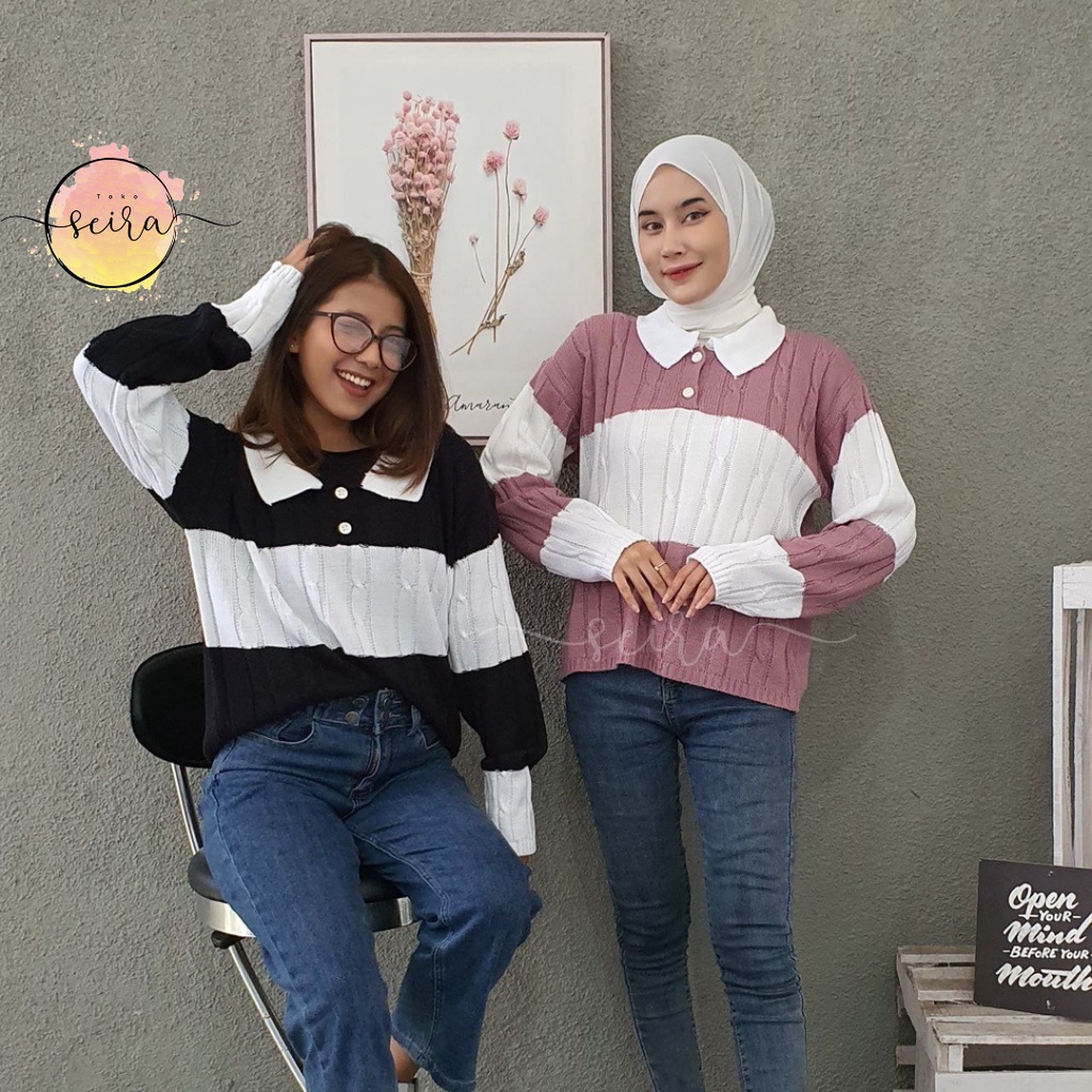 [BISA COD] Ariana Cable Crop Top / Arinka Cable Blouse / Colla Cable 2 Tone / Sweater Rajut Polo Blouse Korean Style