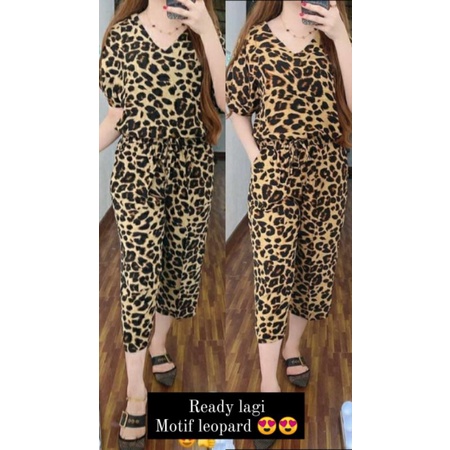 Setelan wanita motif leopard / setcel rayon / baju setelan wanita kekinian / set macan