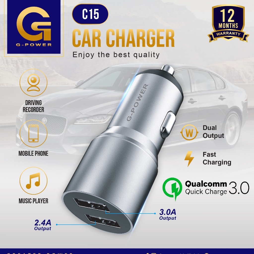 GPOWER Car Charger C15 2 Port 18W USB QC 3.0 Garansi 1 tahun