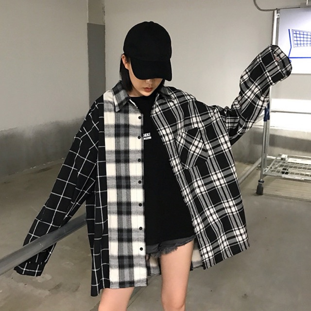 Kemeja Kotak-kotak Lengan Panjang Warna Senada Hitam Putih Baru Untuk Wanita