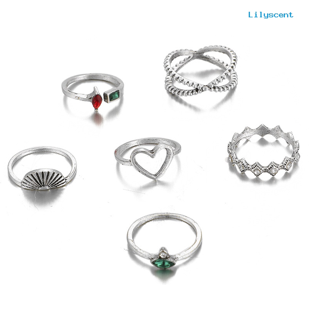 6pcs Cincin Jari Model Terbuka Bentuk Hati Aksen Berlian Imitasi Untuk Hadiah