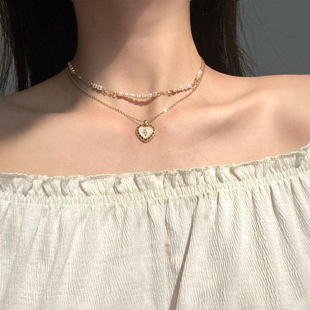 Needway Kalung Gaya Korea Fashion Perhiasan Vintage Untuk Anak Perempuan Liontin Manik-Manik Lapisan Ganda Berbentuk Hati