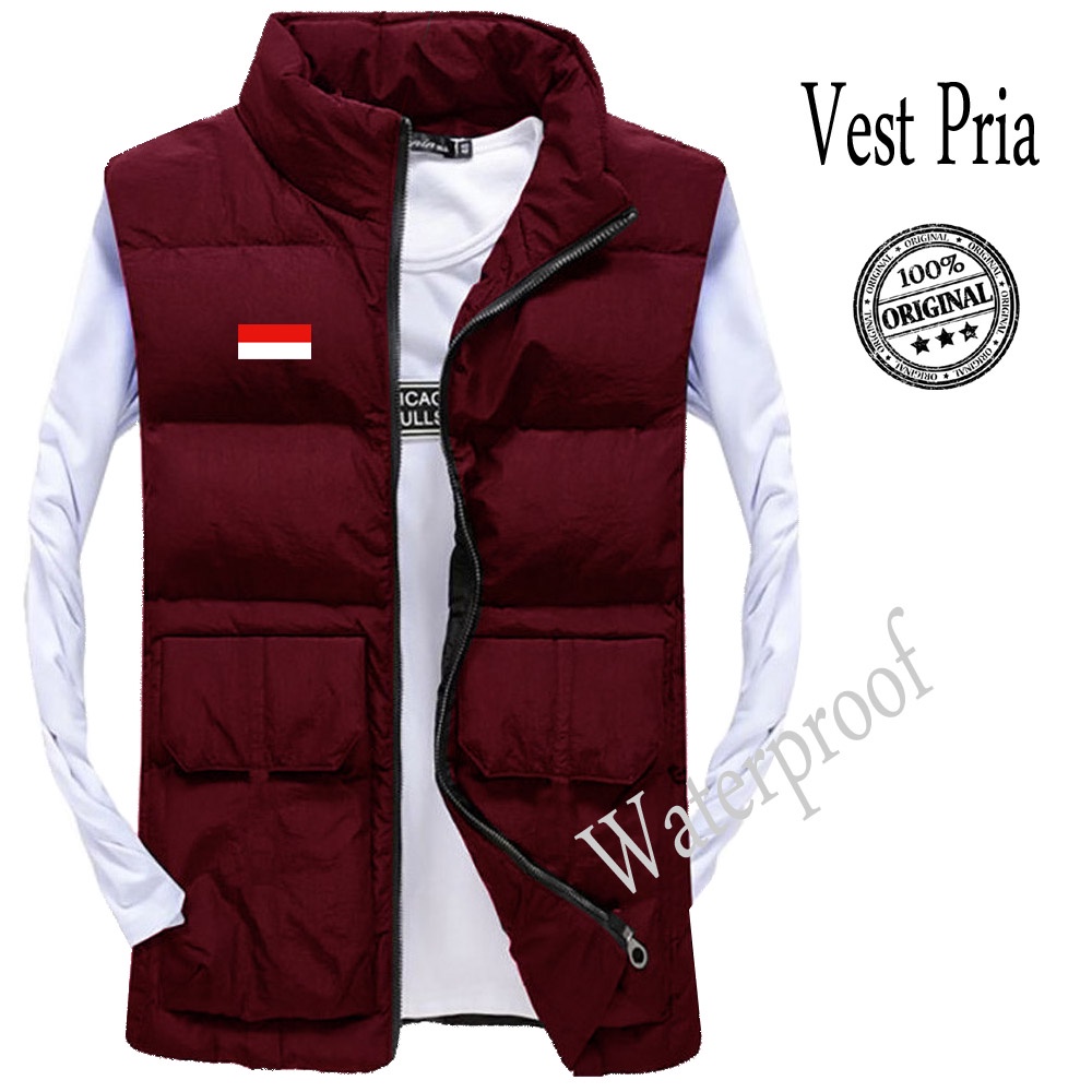 Rompi Pria Logo Merah Putih / Rompi Pria Waterproof / Jaket Rompi Pria Tebal Lembut / Rompi Pria Lap