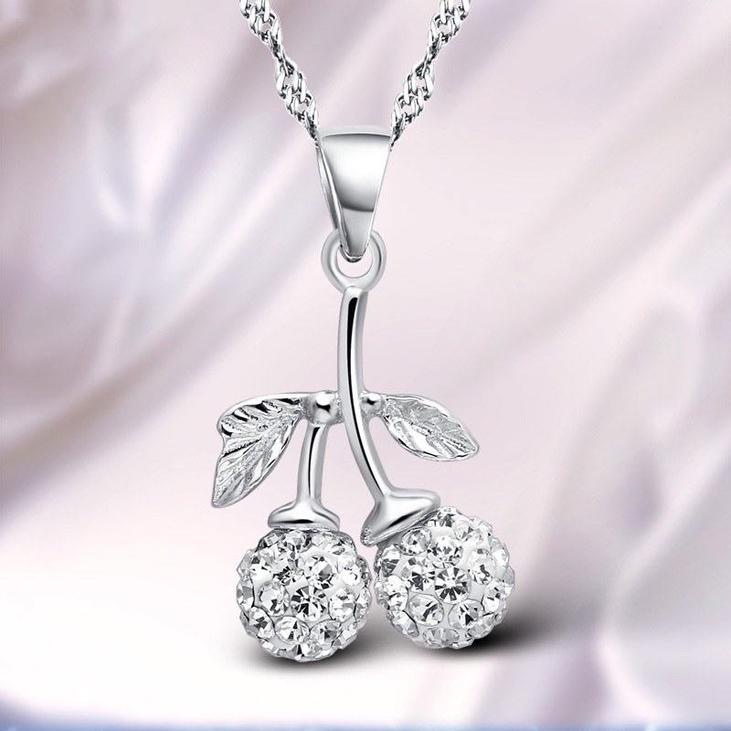 [Ready Stock]Fashion Personality Cherry Diamond Pendant Silver Necklace