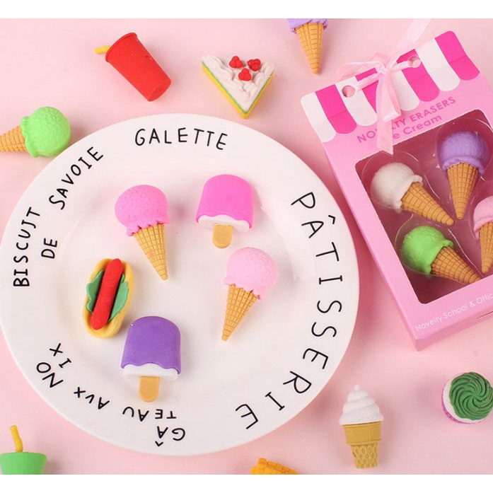 

WW 10 Penghapus Pensil Model Ice Cream Kentang Burger Perkotak Isi 4 Pcs Penghapus Anak