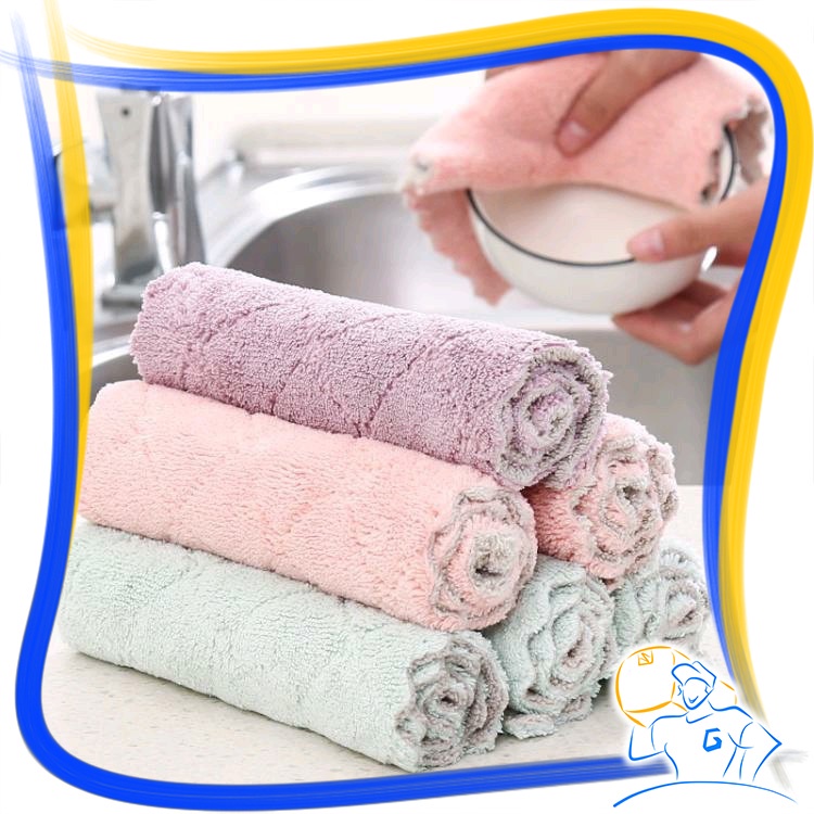 Dish Towel Kain Lap Meja Piring Gelas Serap Air Towel Microfiber Piring Meja Anti Minyak Serbaguna Bahan Coral Fleece Lap Pengering