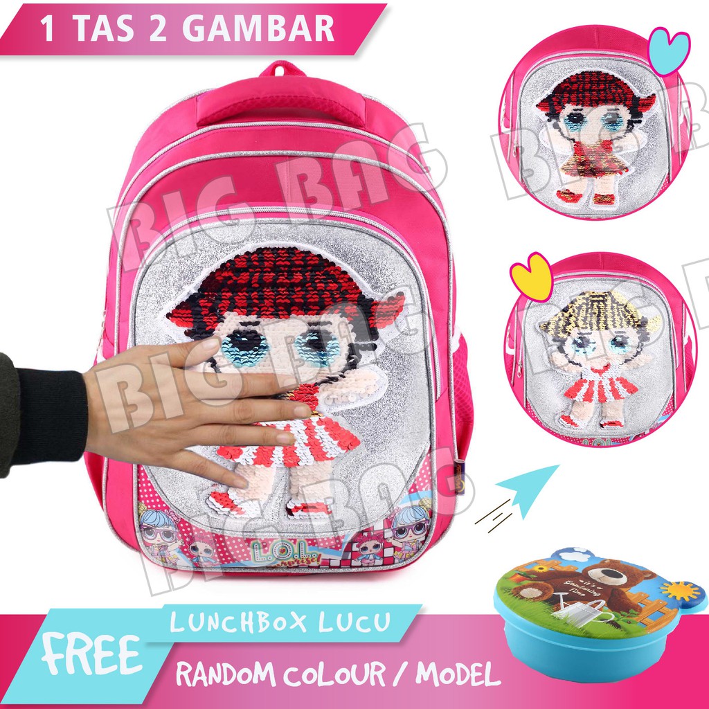 Tas Ransel Anak Perempuan Karakter Lol Surprise GLITTER-Tas Ransel Model Usap/Swipe Glitter+LUNCHBOX