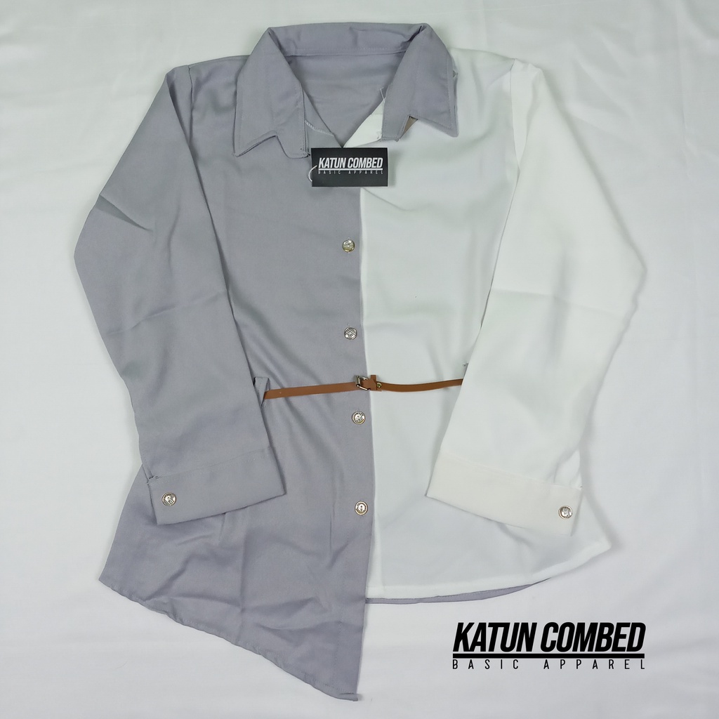 Kemeja Wanita Atasan Blouse Casual Polos Kombinasi Lengan Panjang Korean Style Model Ikat Pinggang-Abu