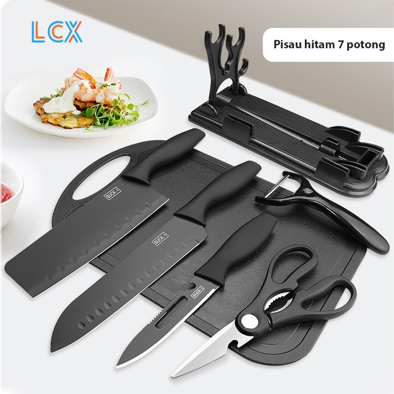 LCX Pisau Talenan Dapur Set Black Set Hitam 7 Piso Dapur Gunting Dapur Import VS-1820