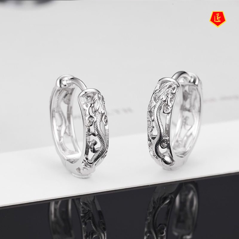 [Ready Stock]Men's S925 Silver Dragon Stud Earrings Retro Ethnic Style