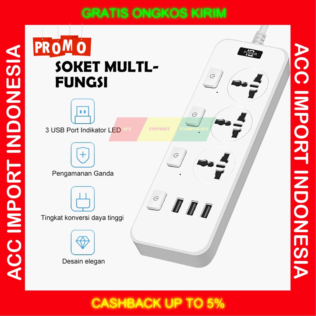 Stop Kontak Colokan Listrik Gaming Smart Power Strip 3 Socket Port USB Safety Kabel Tebal 1.8M
