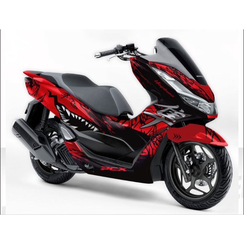sticker decal full body variasi handa pcx 160 motip shark hayanusa gradasi warna merah hitam