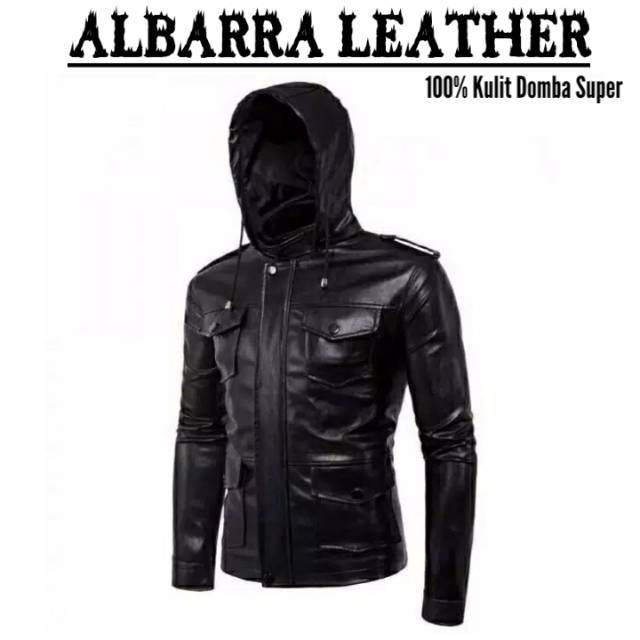 Jaket Kulit Kupluk Hoodie Pria 100% Bahan Kulit Domba Asli