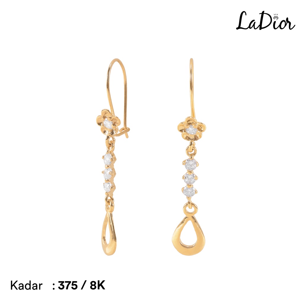 LADIOR - Anting Panjang Emas Asli kadar 375 Model Bunga Permata - 048 - 8K - Yellow Gold