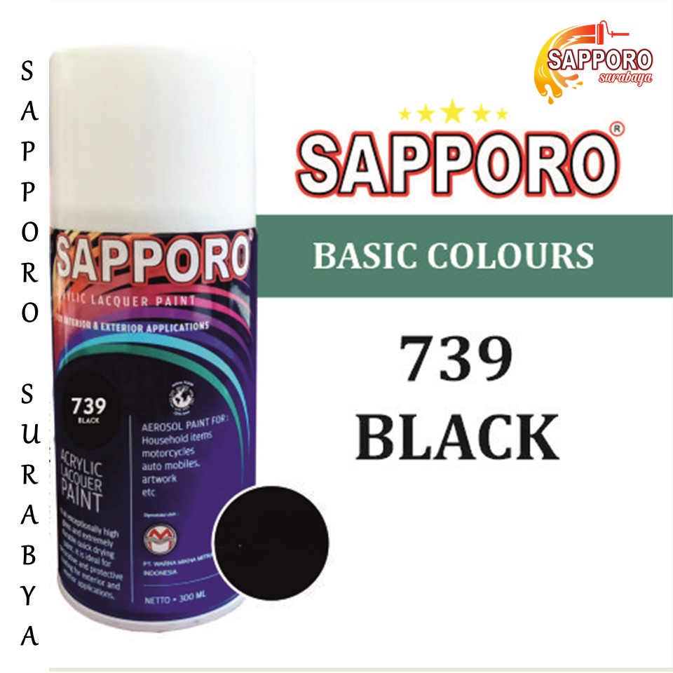 Cat Sapporo Black 739 300ml,Cat semprot warna HITAM GLOSSY UNTUK VELG