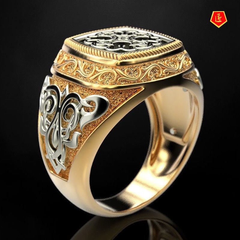 [Ready Stock]Men's 18K Gold Two-Tone Ring Vintage Cartoon Pattern