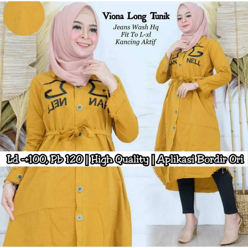 (VIONA LONG TUNIK)LONG TUNIK JEANS ORIGINAL LD 100 CM PB 120 CM APLIKASI BORDIR TIMBUL
