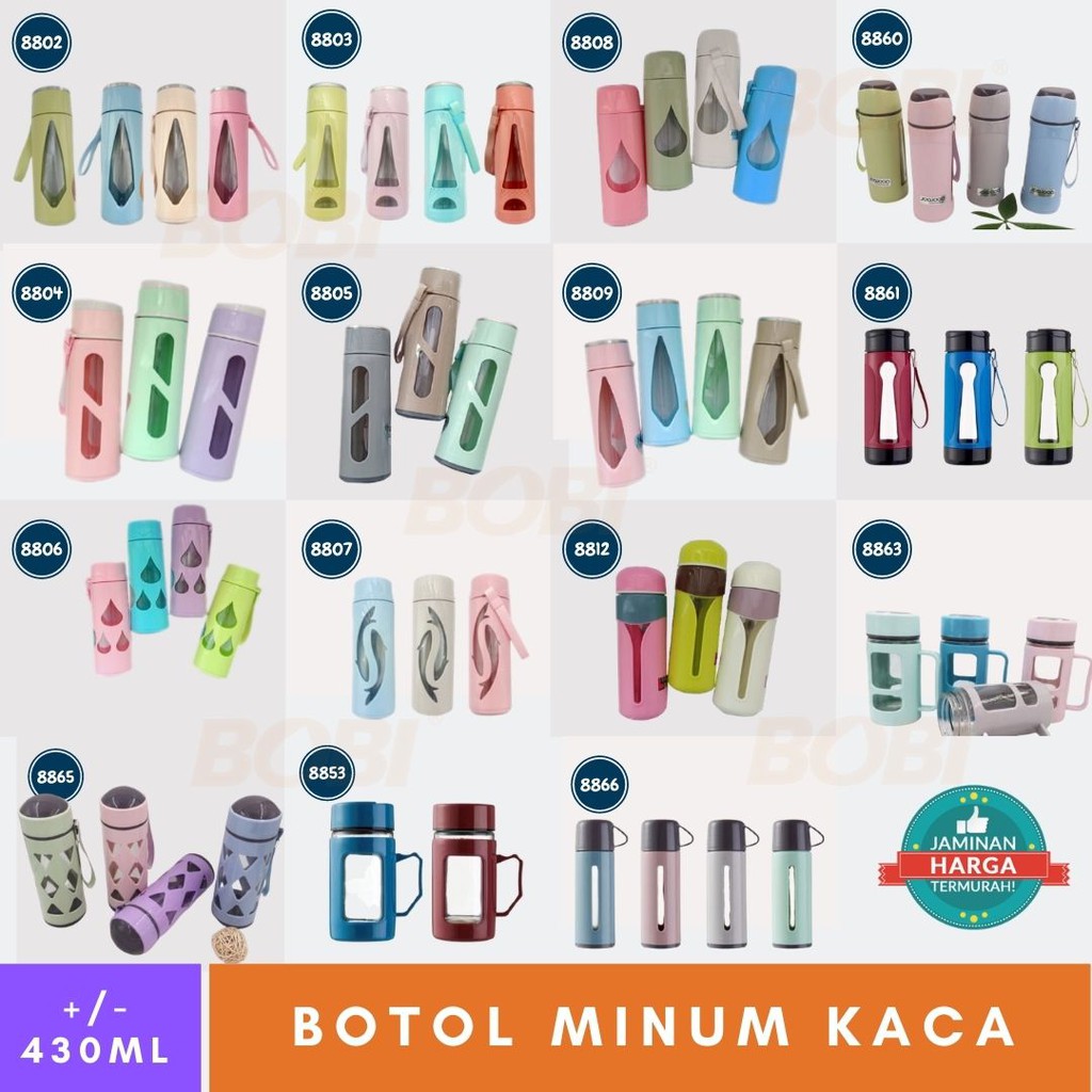 Botol Minum Kaca  Termurah /  430ml / Botol Minum Tumbler  Lucu / Banyak Variasi Model Botol