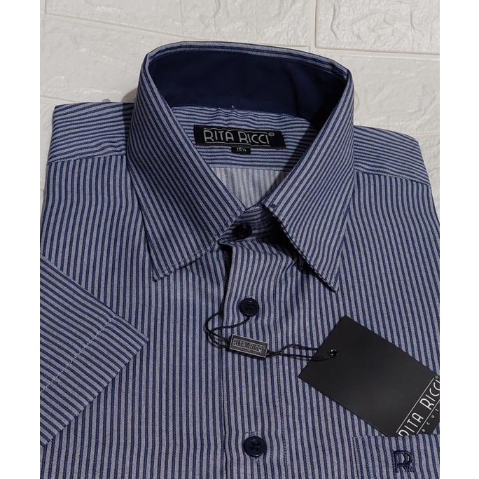 TERLARIS  Kemeja Pria RITA RICCI Katun Salur Navy Regular Fit Lengan Pendek