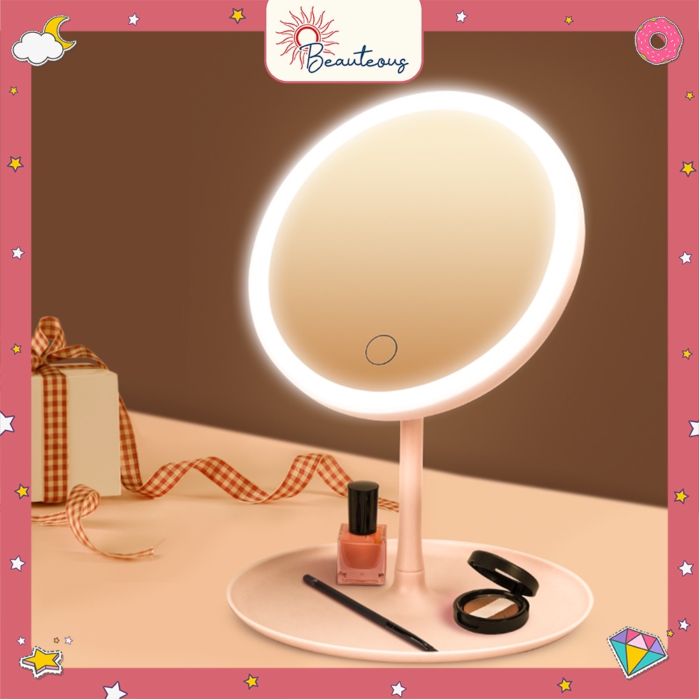 Cermin Make Up Lampu LED 3 Warna Lampu Kaca Meja Rias Bulat Standing Mirror Light Ring