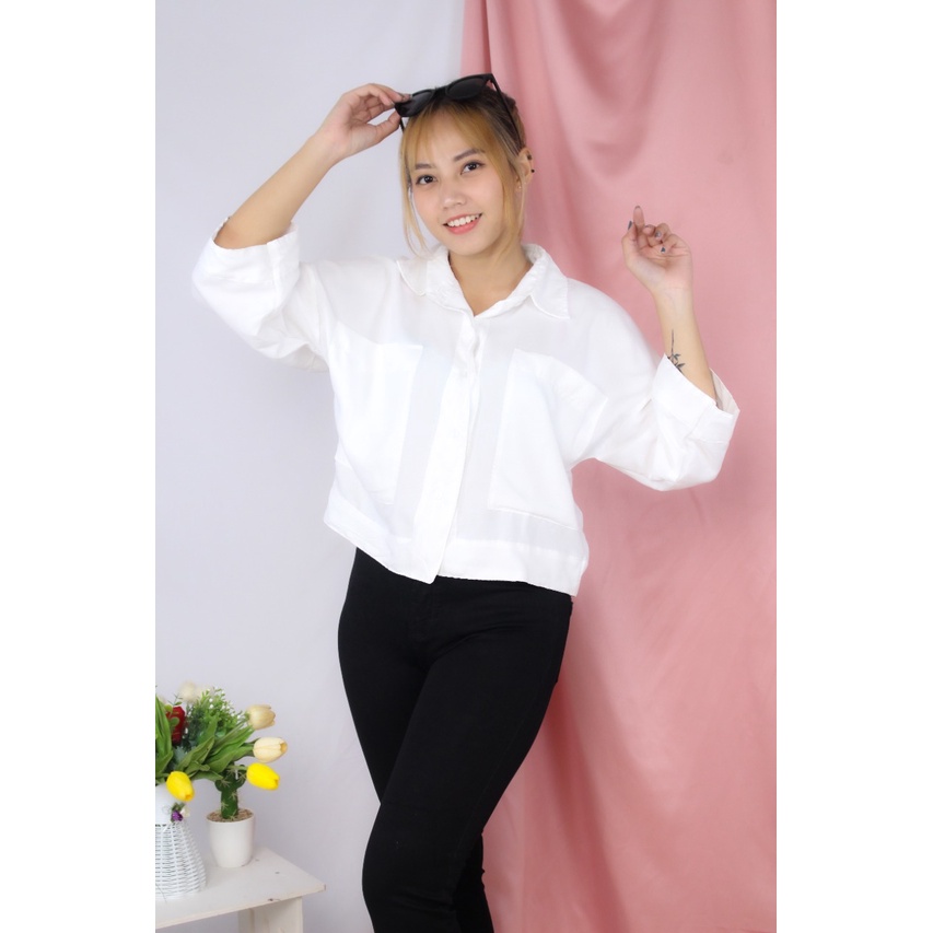 RX Fashion - Kemeja Crop Linen Pocket - BN-PUTIH