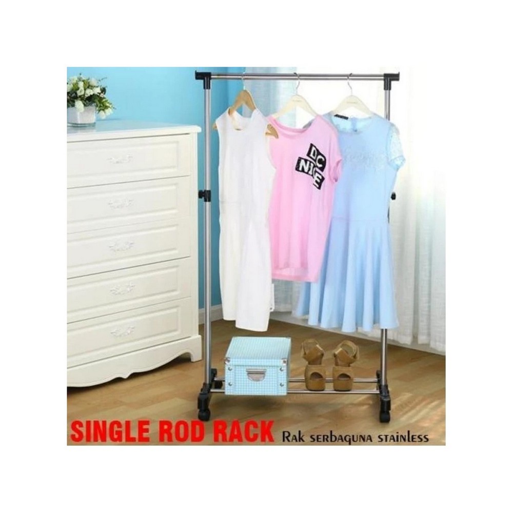 Rak Gantungan Baju Single Rod Rack Stainless + Roda