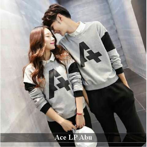 baju couple lengan panjang keren kaos pasangan simple ace abu