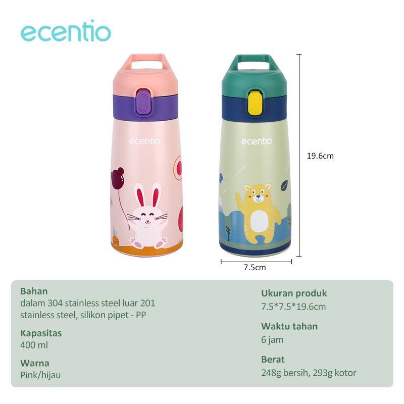 ecentio minum botol sedotan anak 304 cangkir termos Kartun stainless steel 400ml straw sippy cup bubuk silika Merah Muda/Hijau