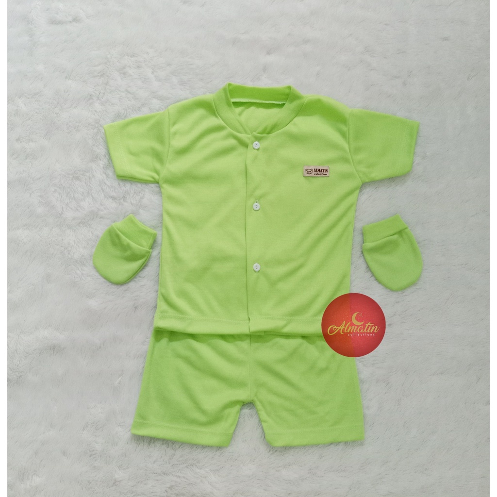 3 Set Setelan Pendek Kancing Depan Bayi + Sarung Tangan Bayi Merek Almatin