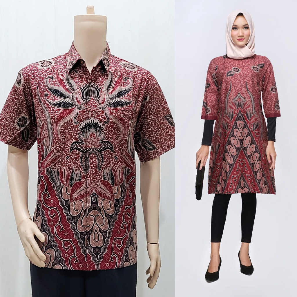 Set Couple Sarimbit Keluarga Lebaran Tunik Batik Muslim 3004 Merah