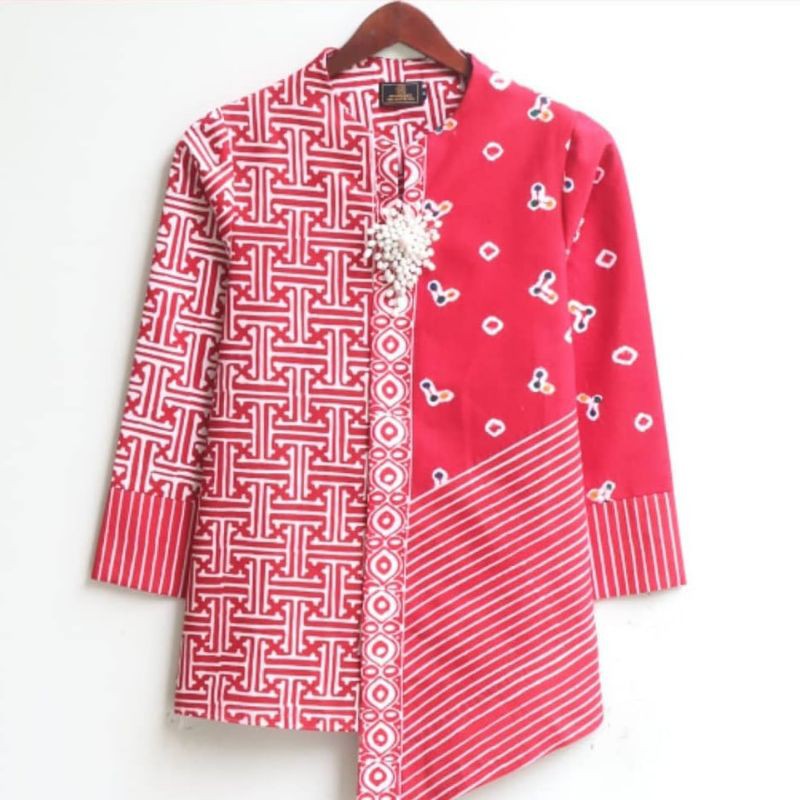 Atasan Baju Blouse Batik Pagar Merah Kombinasi Jumputan Lapis Tricot