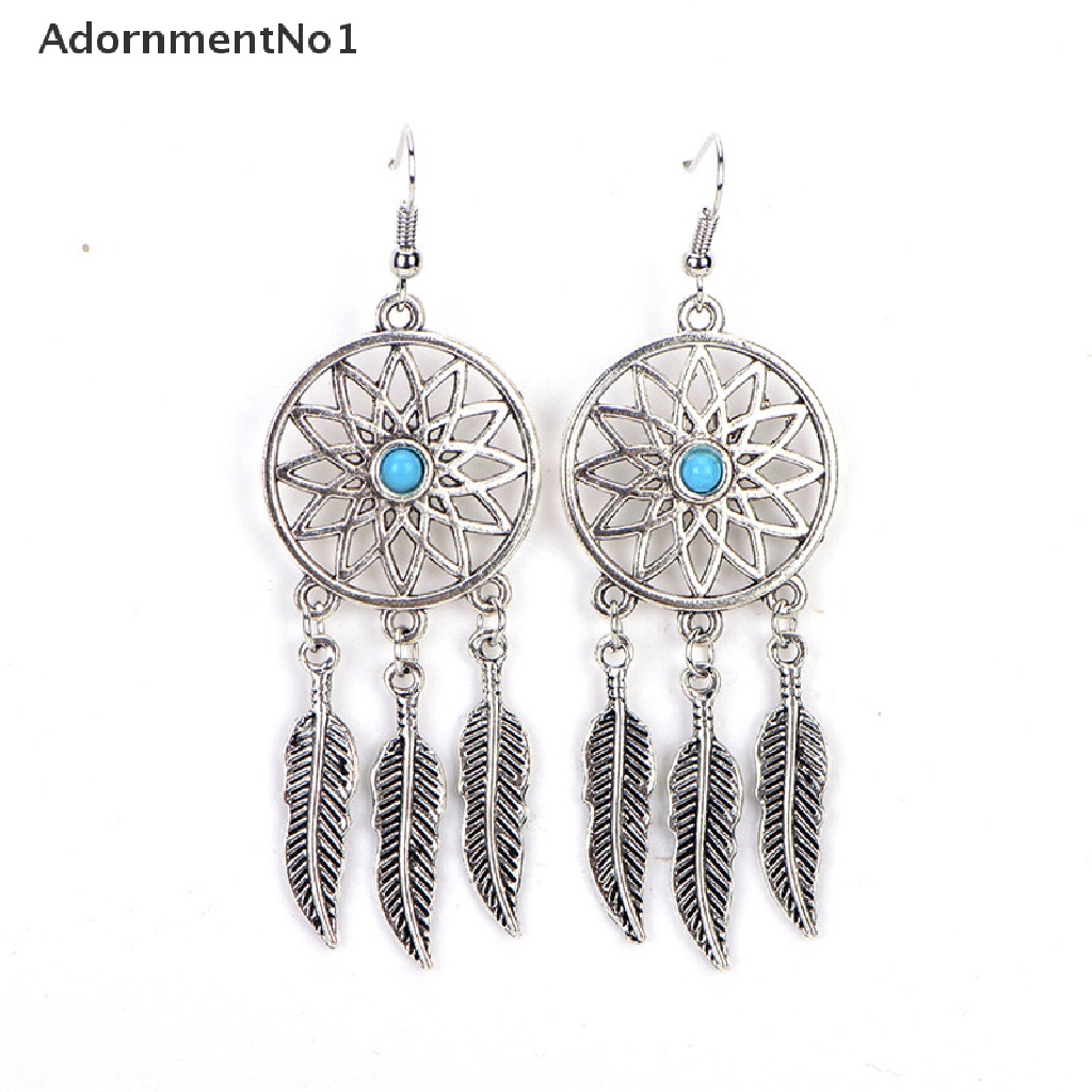 (AdornmentNo1) Set Kalung + Anting Gantung Panjang Kait Gaya Bohemia Motif Dreamcatcher + Daun + Bulu Untuk Wanita