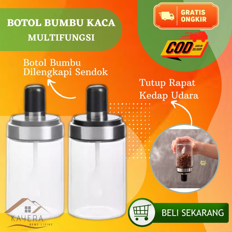Tempat Wadah Bumbu Dapur Kopi Gula Serbaguna Botol Kaca Dengan Tutup Sendok Kedap Udara Unik Estetik