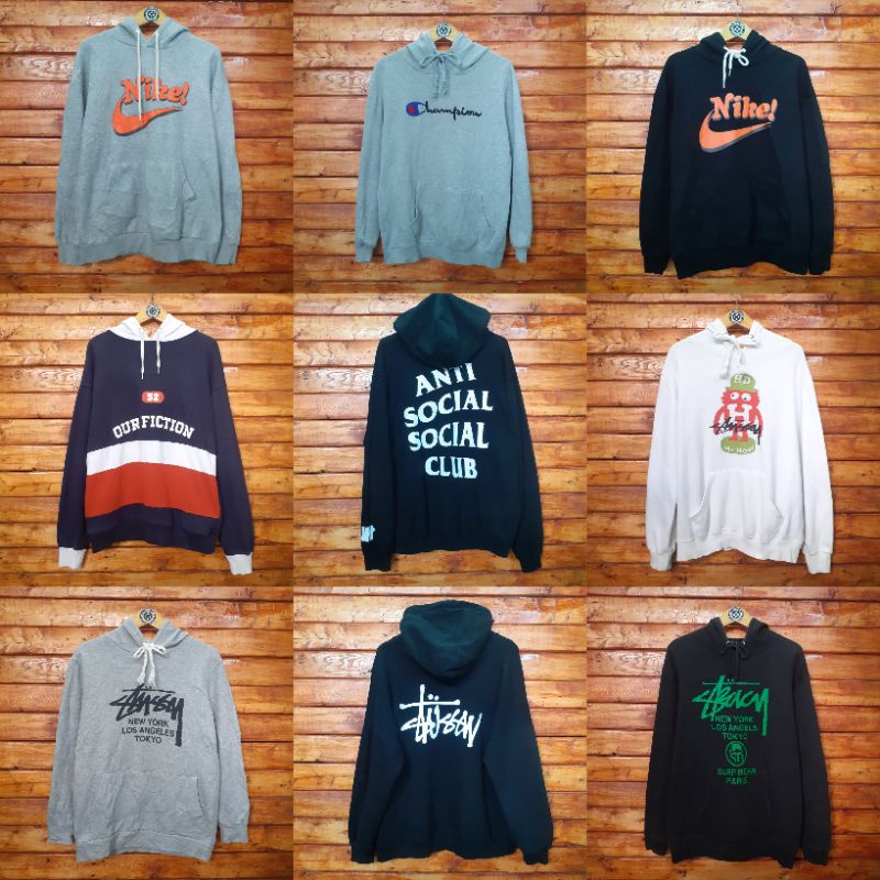 HOODIE BRANDED SEOND THRIFT STUSSY ANTI SOCIAL SOCIAL CLUB CHAMPION NIKE OIOI OUR FICTION MURAH X OF