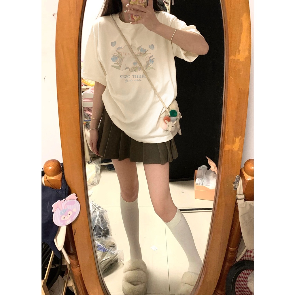 EUNII T-shirt Lengan Pendek Kartun Imut Domba Pencetakan Longgar Korean Style/Kaos Atasan Wanita/Baju Kaus Oversize Wanit