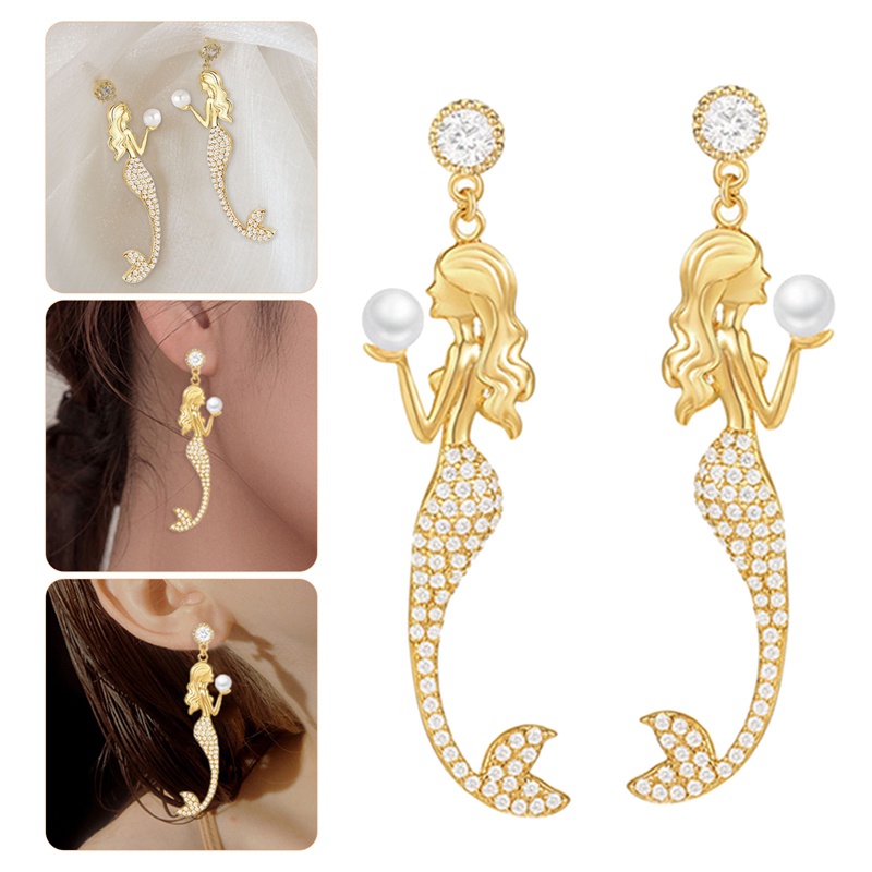 Anting Panjang Desain Mermaid Aksen Zirkon Untuk Wanita